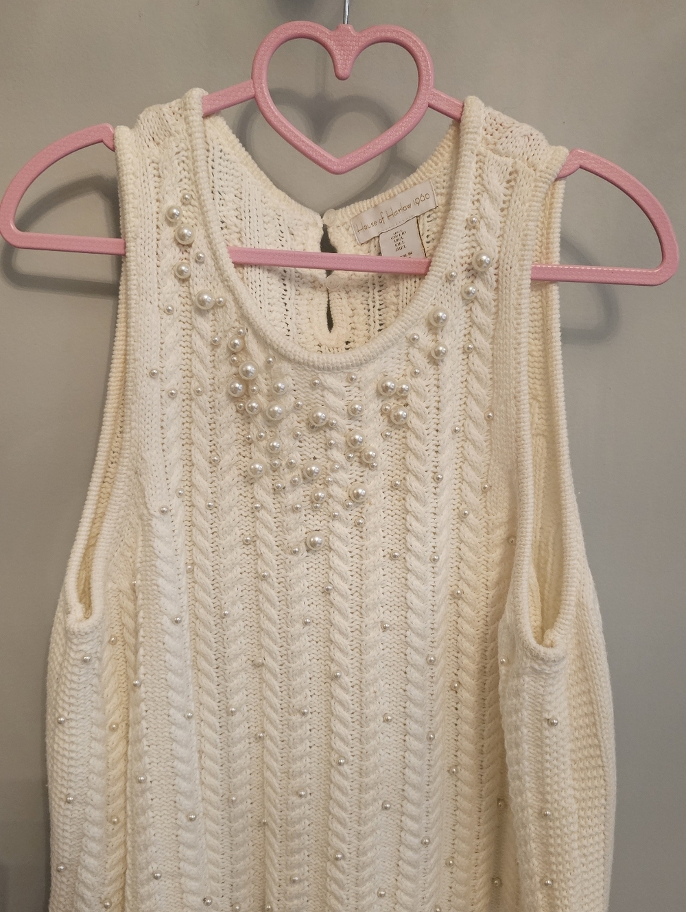 House of Harlow 1960 Ivory Pearl-Accent Cable Knit Tank
